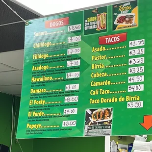 Hot dog &amp; taco menu