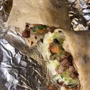 Inside of carne asada burrito
