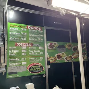 Menu hot dog taco cash only