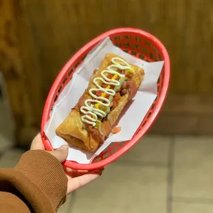 a hand holding a hot dog