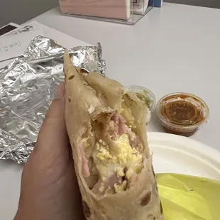 Breakfast burrito - ham, potatoes, egg and cheese