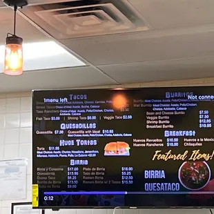 a menu on the wall