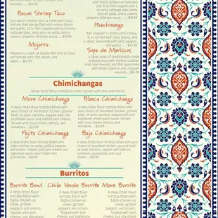 Menu for Seafood, Chimichangas, and Burritos