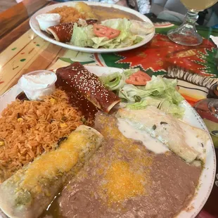 Bandera Enchiladas! One molé, one blanco and one verde enchilada.