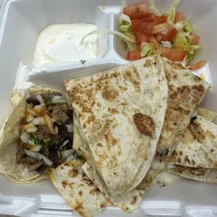 Chicken quesadilla one beef taco