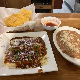 Cheese, Ground Beef, &amp; Shredded Beef Enchiladas w/beans.