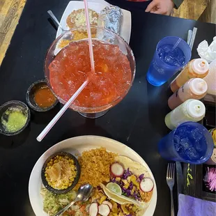 Shrimp tacos (Cato) dinner, date night 64 Oz marg, and burrito