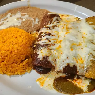 Chicken enchiladas - 2 with red sauce 1 with green - $17