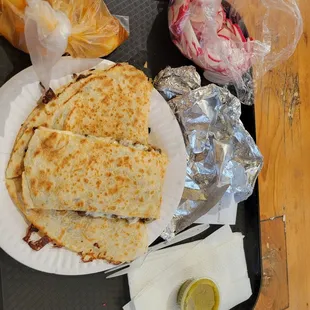 Carne Asada Quesadilla with mild salsa, onions, lime, &amp; radish