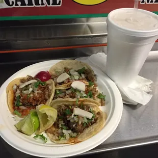 4 asada tacos &amp; 1 horchata for $6. Can&apos;t beat that price!