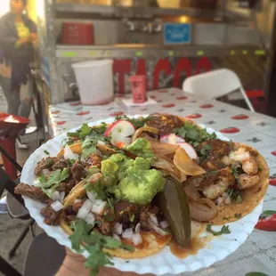 Taco flight: Camaron, Asada, Pastor, Carnitas, Lengua
