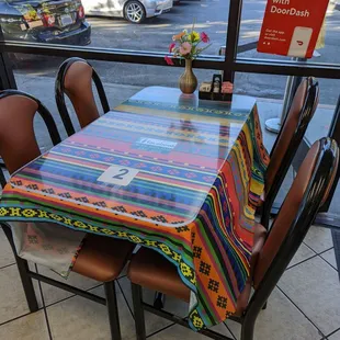 a table with a colorful tablecloth