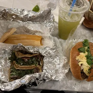 Cabeza taco, lengua taco, chicken tamale