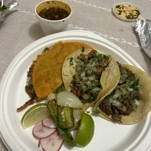 Left to right: Quesabirria (rating: 4.5/5), carne Asada taco (4/5), pastor taco (4/5)
