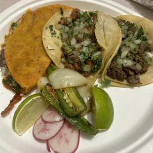 Left to right: Quesabirria (rating: 4.5/5), carne Asada taco (4/5), pastor taco (4/5)