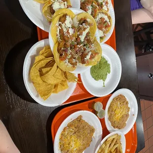 Fish tacos, beans, Guacamole