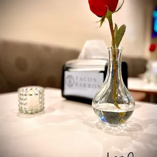 Candle and rose on tables