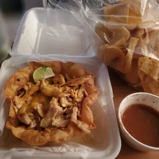 Grilled chicken bowl, tortilla chips and salsa