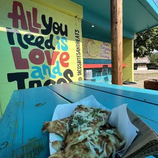 Chicken quesadilla and elote- yumm!!