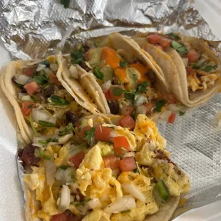 Breakfast tacos (chorizo, bacon, and steak)