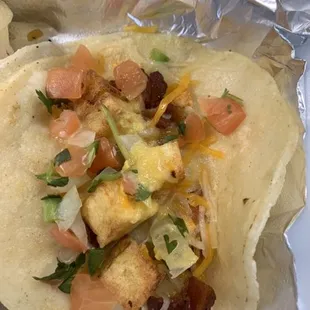 Breakfast taco " potato ,bacon and cheese" no egg