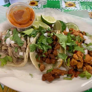 L-R Carnitas, Al Pastor, Pollo