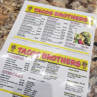a menu for tacos brothers
