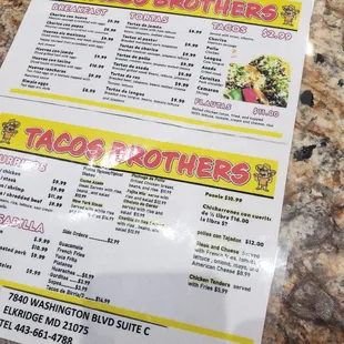 a menu for tacos brothers