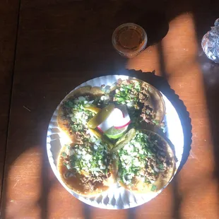 4 carne asada tacos. Side salsa, pickled jalapeño, and limes free!!!