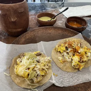 Breakfast tacos are legit!! Sausage, bacon and machaca? Ma..ch something it's gone either way not in the pic because I ate it yum..