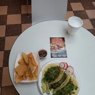3 tacos, chips and salsa