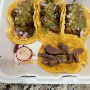 Tacos de Tripa and a Taco de Lengua