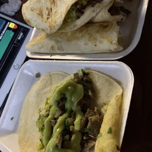 A Lengua taco and Assad quesadillas.