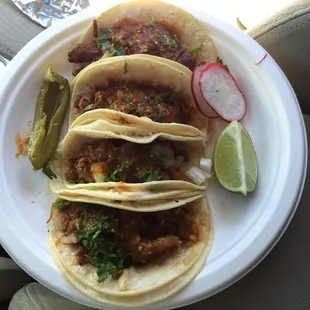 2 carnitas tacos, 2 pastor tacos
