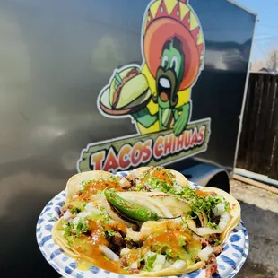 a plate of tacos on a blue and white plate