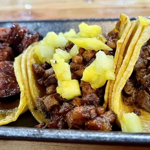 Chorizo, Pastor, and Asada Tacos