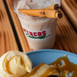 a crepe with ice cream and caramel sauce