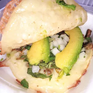 Mulitas, top tortilla fell off, prominent cheese &amp; avocado, asada flavor lost in it, 3/5