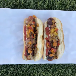 LA Dogs: bacon wrapped hotdogs with freshly cut veggies.