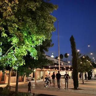 a group of people walking down a street at night
