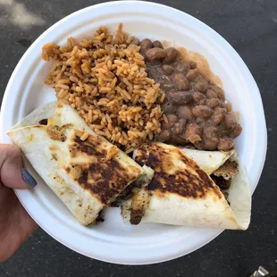 Quesadilla asada with rice and beans