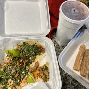 Churros, hibiscus tea, carnitas taco, chicken taco, al pastor taco