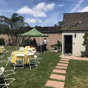 Their setup under the green tent