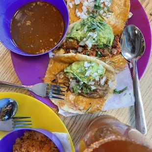Quesabirria, Tacos al Pastor, Chorizo tacos, Micheladas, rice and beans