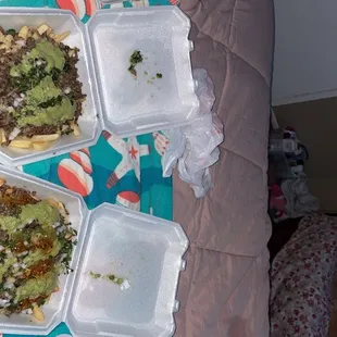 Asada fries and Tacos