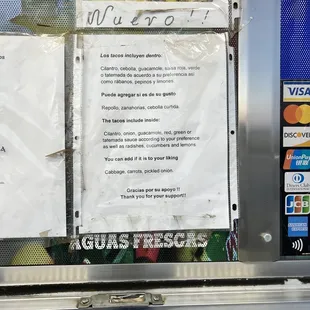 a menu on a vending machine