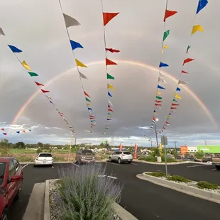 Double rainbow outside of restaurant.