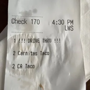 a receipt for a taco
