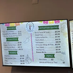 menu and prices