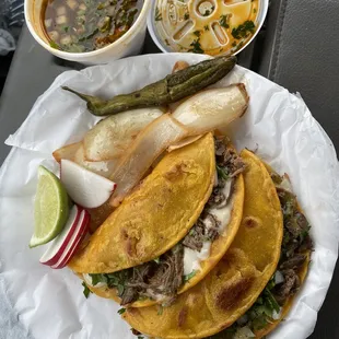 Quesa tacos de birria. With birria juice for dipping ! I drank that delicious juice.